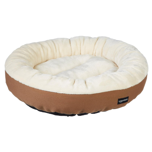 Basics Round Bolster Pet Bed with Flannel Top, 20-Inch, Brown and Ivory